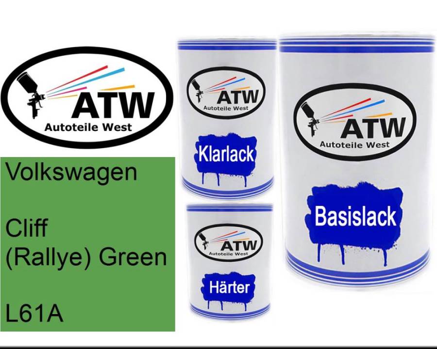 Volkswagen, Cliff (Rallye) Green, L61A: 500ml Lackdose + 500ml Klarlack + 250ml Härter - Set, von ATW Autoteile West.